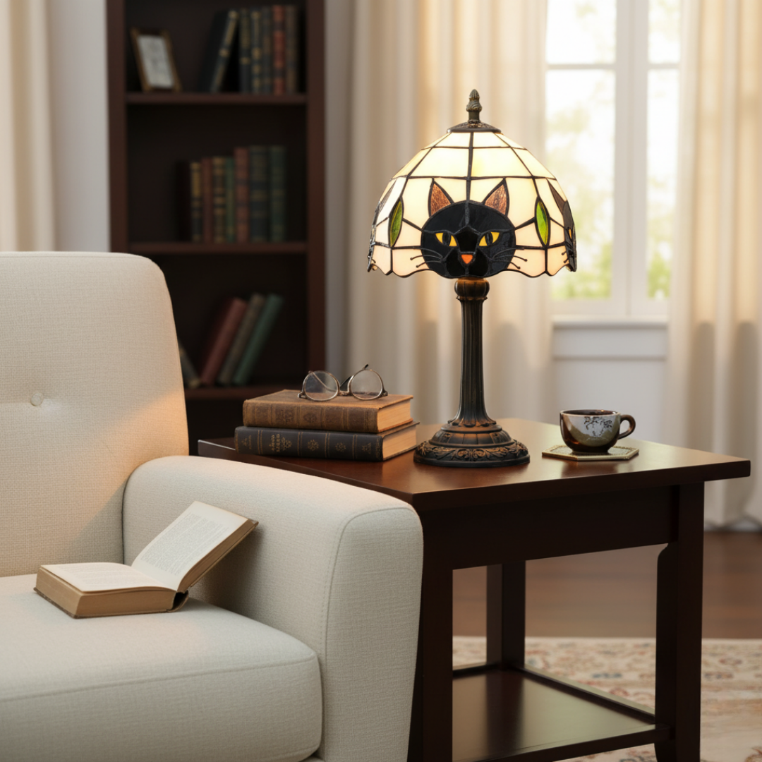 Retro Baroque Table Lamp with Black Cat