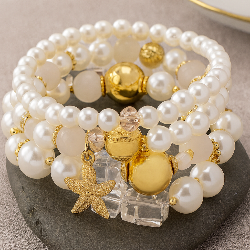 Golden Pearl Starfish Bracelet Set