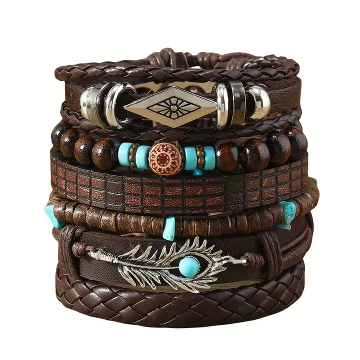 Tribal Spirit Leather & Beads Bracelet Set