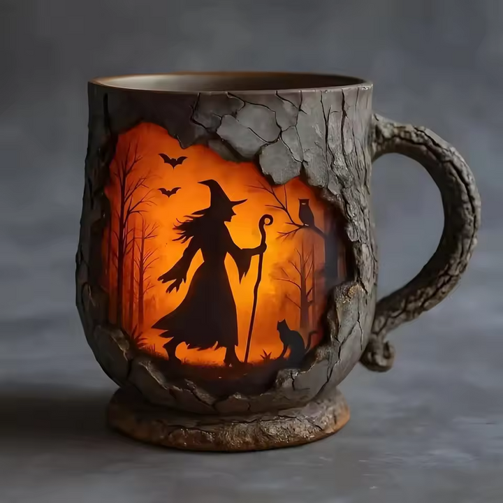 Crafted 3D Halloween Mug – with Witch and Cat Design
