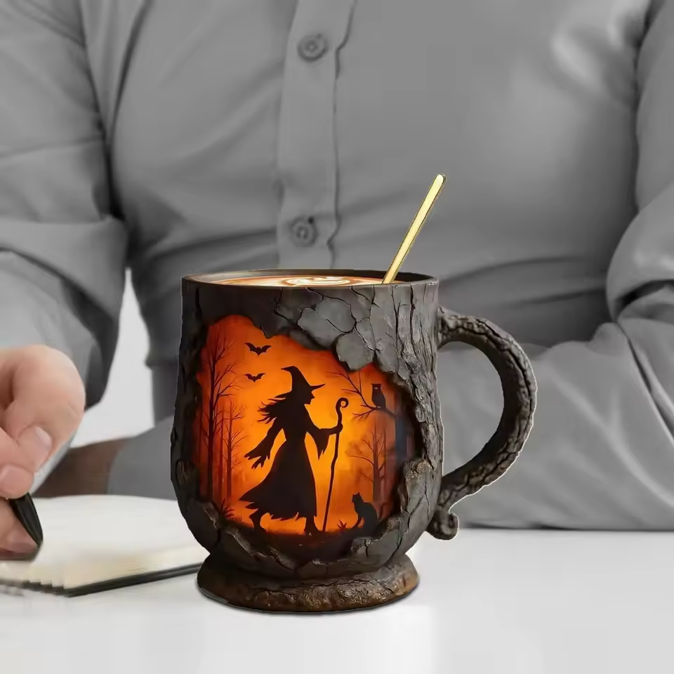 Crafted 3D Halloween Mug – with Witch and Cat Design