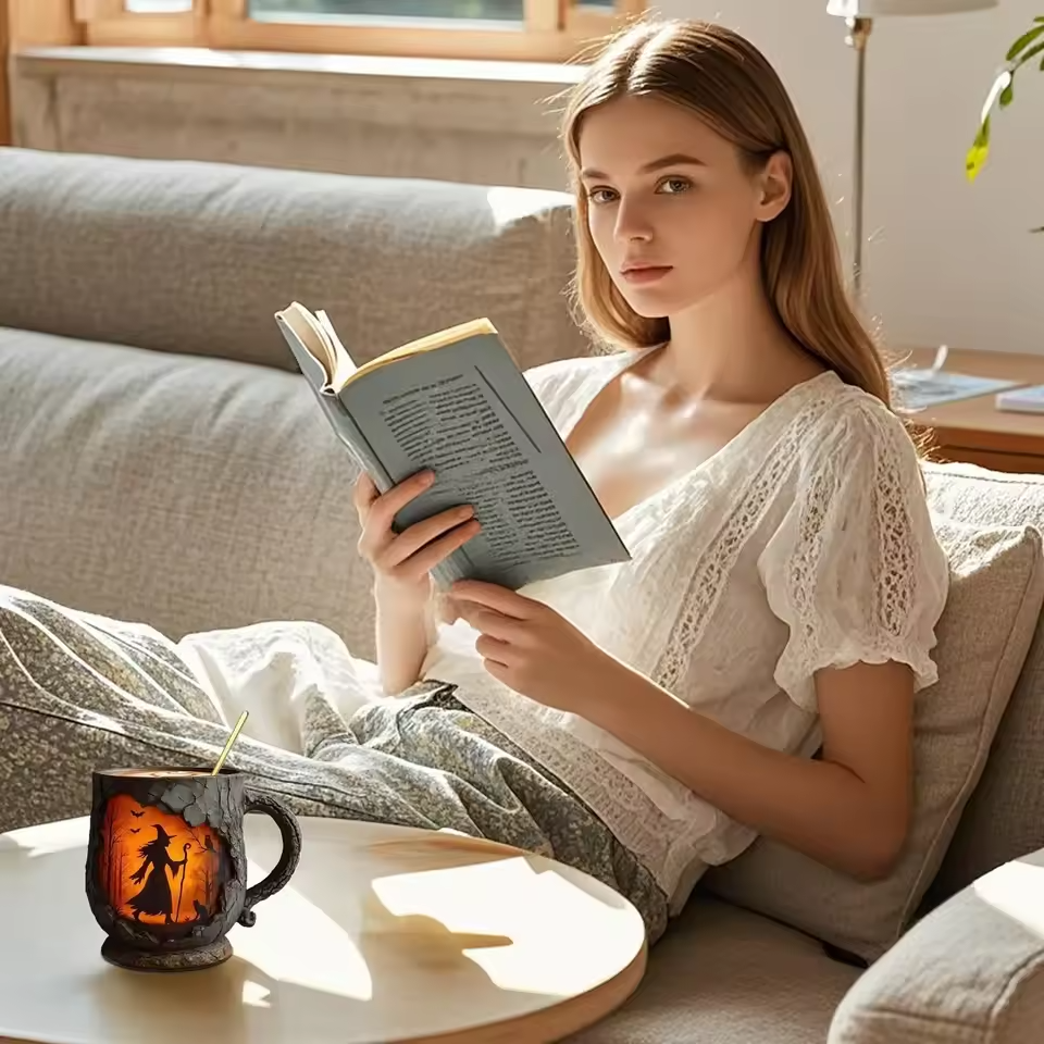 Crafted 3D Halloween Mug – with Witch and Cat Design