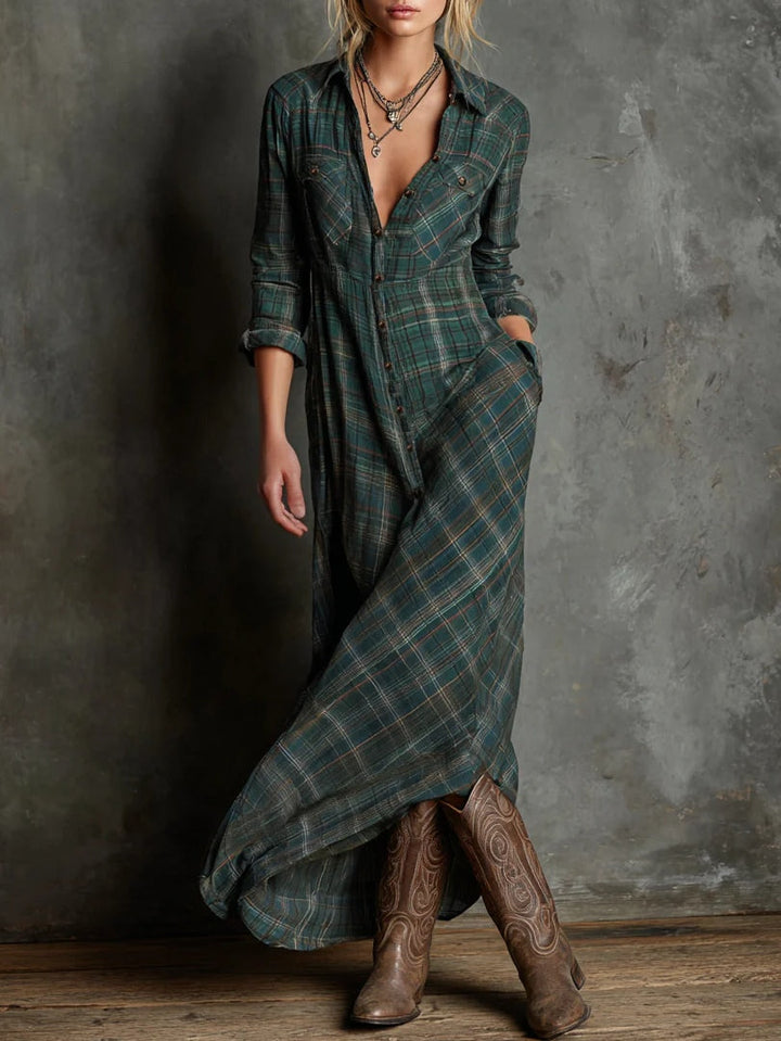 Macy - Long green plaid dress